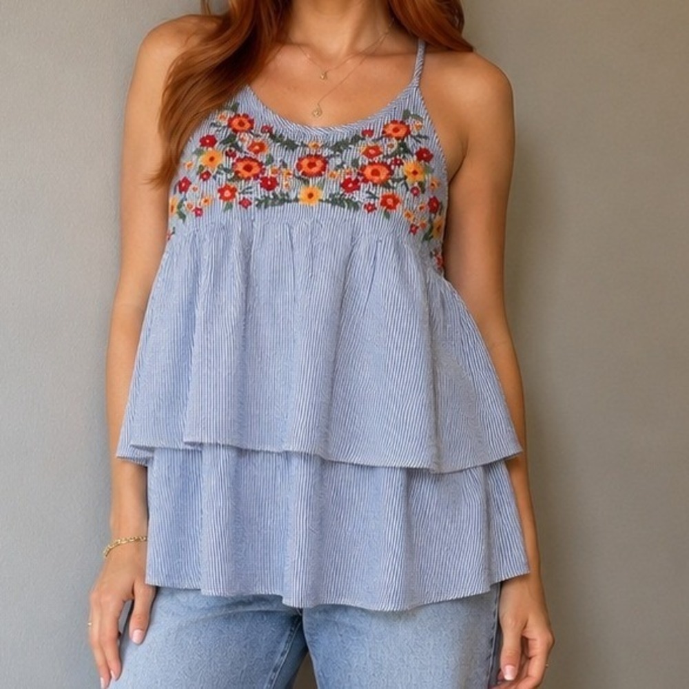 Miss Me‎ Striped Floral Embroidered Tiered Ruffle Halter Lace Up Top Size Small
